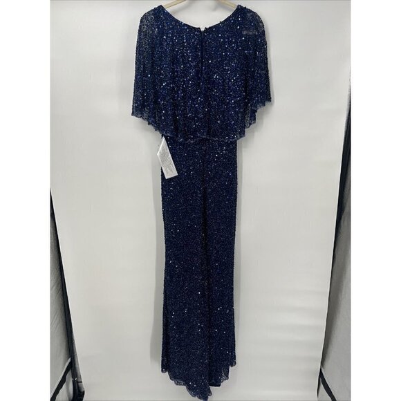 Mac Duggal Size 4 Navy Blue SEQUINED V-NECK CAPE SLEEVE BEADED WAIST GOWN 4808 - Picture 6 of 11